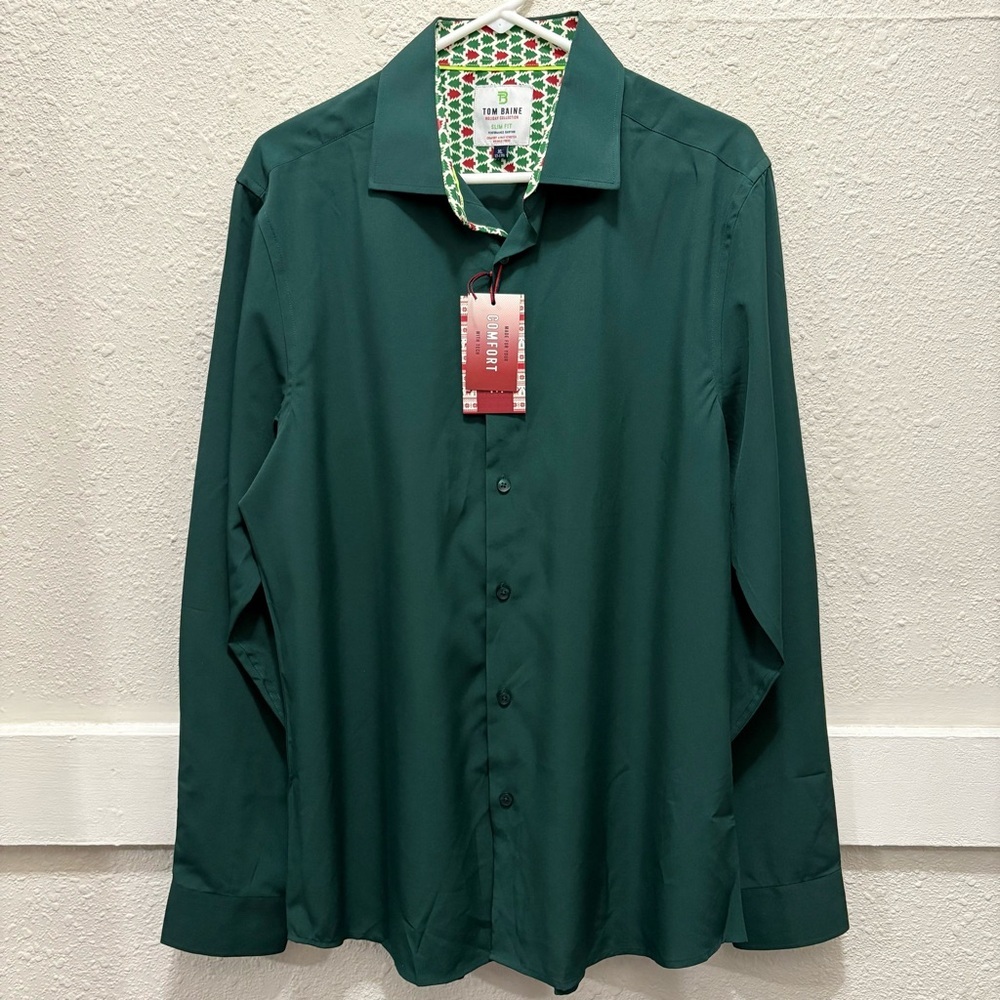 Tom Baine Holiday Collection Slim Fit 4-Way Stretch Button Down in Hunter NWT XL